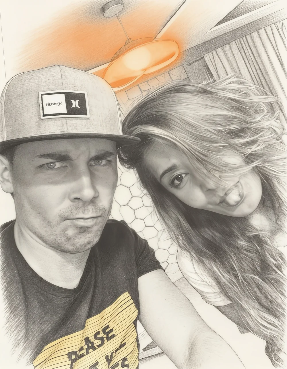 Pencil drawing of a selfie of Pavel and Rosh