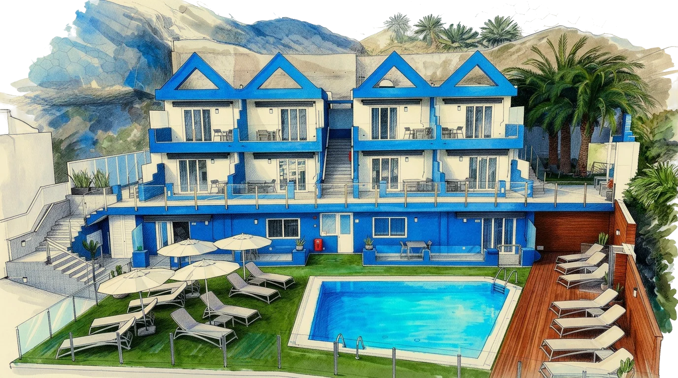 Pencil and watercolour drawing of the Hive apartments and pool